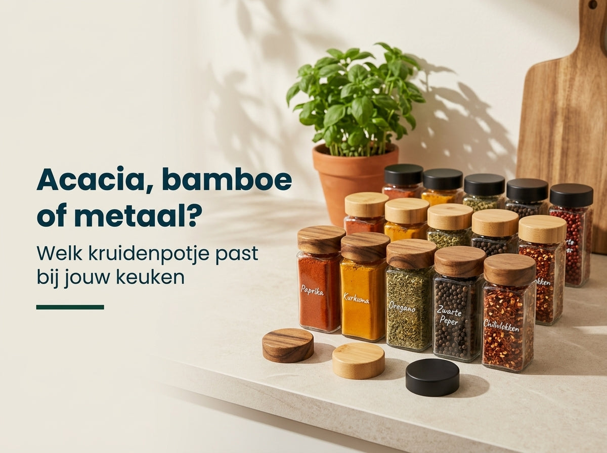 Acacia, bamboe of metalen deksel: welk kruidenpotje past bij jouw keuken?