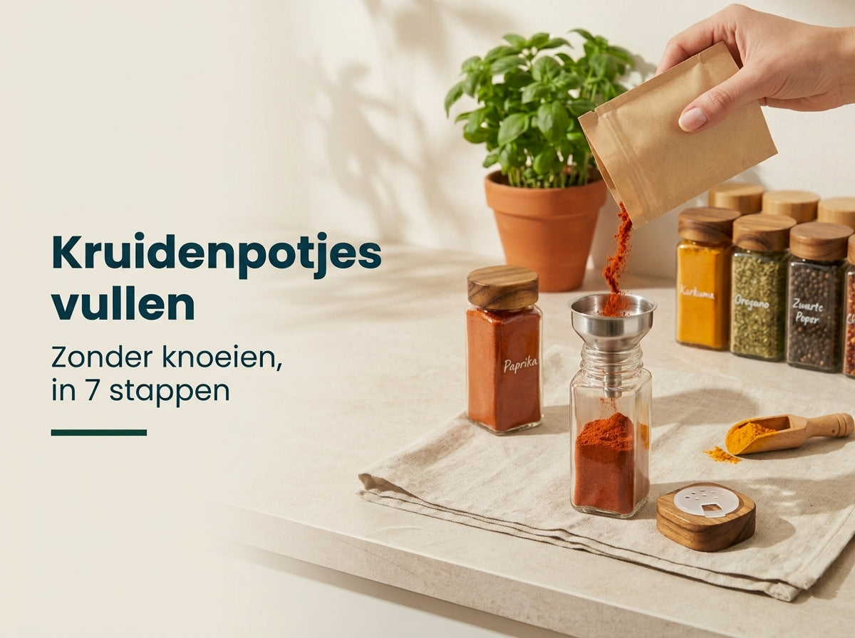 Kruidenpotjes vullen zonder knoeien: trechter, strooidop en de juiste vulhoogte