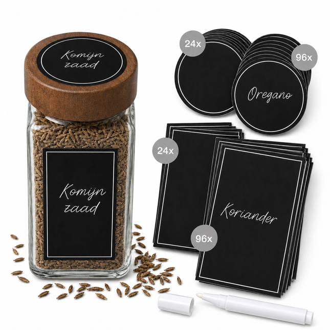 Kruidenstickers Set – 240 Stickers voor Kruidenpotjes – Inclusief Witte Stift