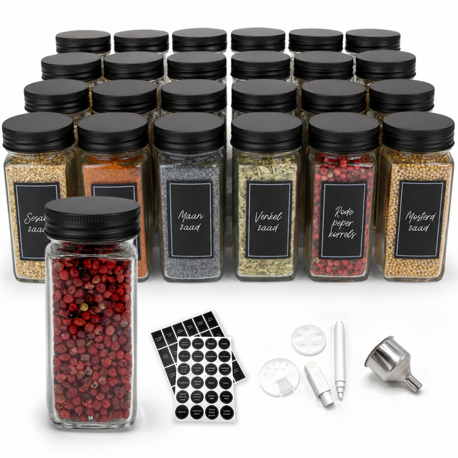 George Napoli kruidenpotjes met zwarte aluminium deksel – Luxe set 24 stuks