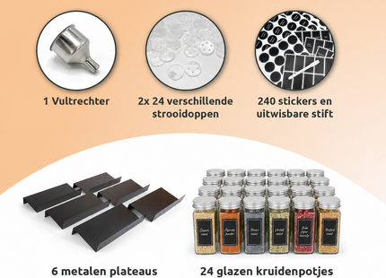 George Napoli Kruidenrek Lade met 24 Kruidenpotjes - Uitschuifbaar - Zilveren aluminium deksels