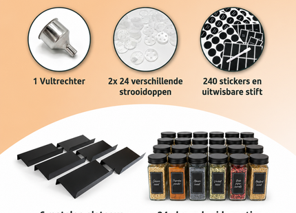 George Napoli Kruidenrek Lade met 24 Kruidenpotjes - Uitschuifbaar - Zwarte aluminium deksels