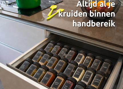 George Napoli Kruidenrek Lade met 24 Kruidenpotjes - Uitschuifbaar - Zwarte aluminium deksels