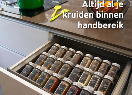 George Napoli Kruidenrek Lade met 24 Kruidenpotjes - Uitschuifbaar - Zilveren aluminium deksels