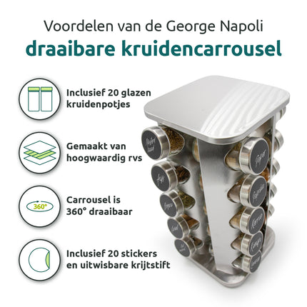 Voordelen George Napoli draaibare kruidencarrousel zilver vierkant: 20 glazen kruidenpotjes, hoogwaardig rvs, 360° draaibaar, stickers en krijtstift