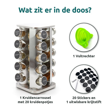 Inhoud van de doos: kruidencarrousel zilver vierkant met 20 kruidenpotjes, vultrechter, 20 stickers en uitwisbare krijtstift