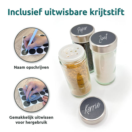 Kruidenpotjes met stickers beschrijven met de uitwisbare krijtstift en makkelijk weer uitwissen