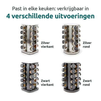 George Napoli kruidencarrousel in 4 uitvoeringen: zilver vierkant, zilver rond, zwart vierkant en zwart rond