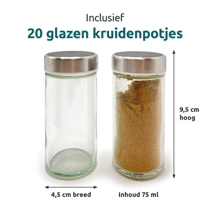 Glazen kruidenpotje van 75 ml, 9,5 cm hoog en 4,5 cm breed