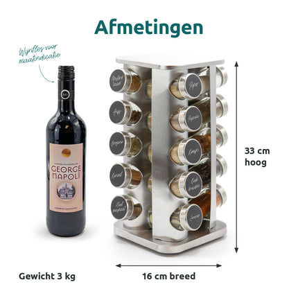 Afmetingen kruidencarrousel zilver vierkant: 33 cm hoog, 16 cm breed, gewicht 3 kg