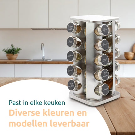 Kruidencarrousel zilver vierkant in moderne keuken, verkrijgbaar in diverse kleuren en modellen