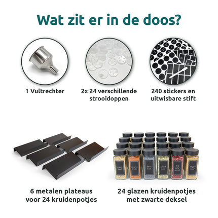 Inhoud van de doos: 6 metalen plateaus, 24 glazen kruidenpotjes met zwart metalen deksel, vultrechter, 2x 24 strooidoppen en 240 stickers met stift