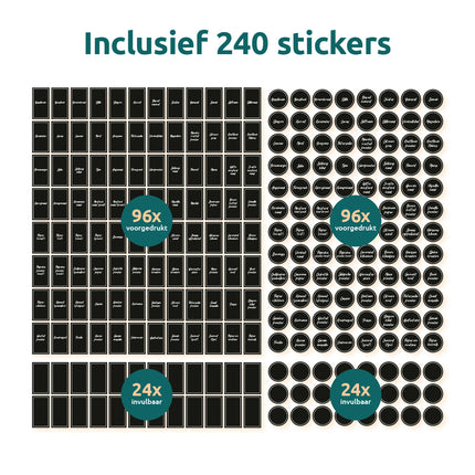 240 kruidenstickers: 192 voorgedrukt en 48 invulbaar, rechthoekig en rond