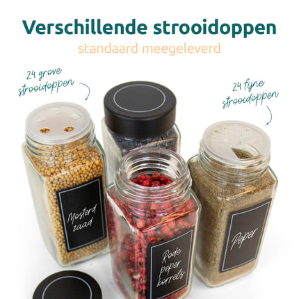 Twee soorten strooidoppen standaard meegeleverd: 24 grove en 24 fijne strooidoppen