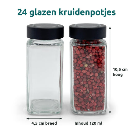 Glazen kruidenpotje met zwart metalen deksel: 10,5 cm hoog, 4,5 cm breed, inhoud 120 ml