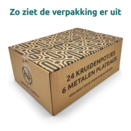 Verpakking van de George Napoli set met 24 kruidenpotjes en 6 metalen plateaus