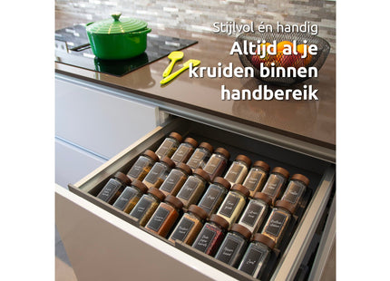 24 glazen kruidenpotjes met acacia deksel voor lade of rek