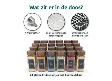24 kruidenpotjes glas met houten acacia deksels en labels