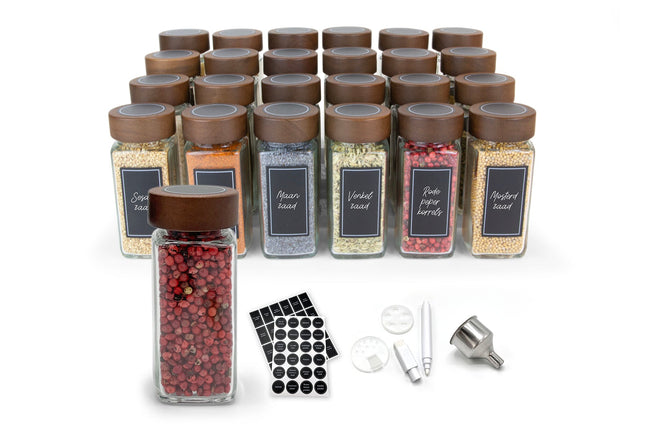 Glazen kruidenpotjes set met acacia deksel en stickers