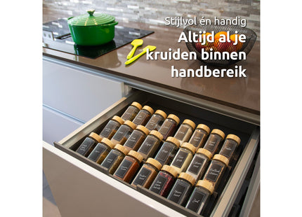 24 glazen kruidenpotjes voor keukenlade of kruidenrek