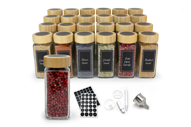 Glazen kruidenpotjes set met bamboe deksel en labels