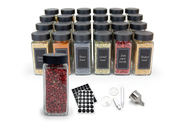 Glazen kruidenpotjes set zwart metaal inclusief stickers