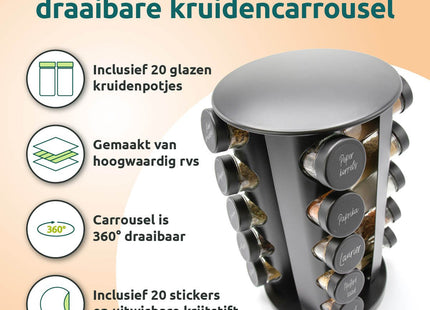 Zwart kruidenrek draaibaar met glazen kruidenpotjes