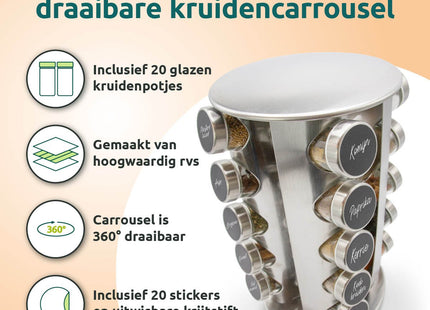 Zilveren kruidenrek draaibaar met glazen potjes voor keuken