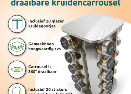 Zilveren vierkant kruidenrek met 20 kruidenpotjes draaibaar