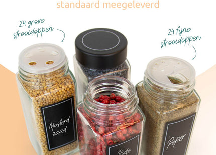 Glazen kruidenpotjes met metalen deksel in lade rek