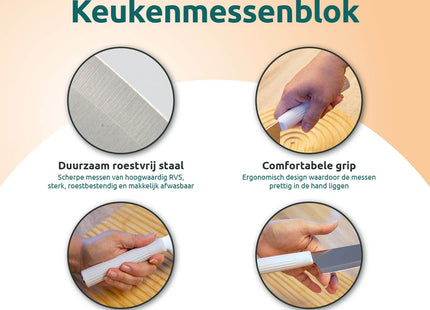 5-delige messenset RVS met stijlvol wit messenblok