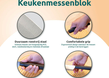 5-delige messenset RVS met modern zwart messenblok